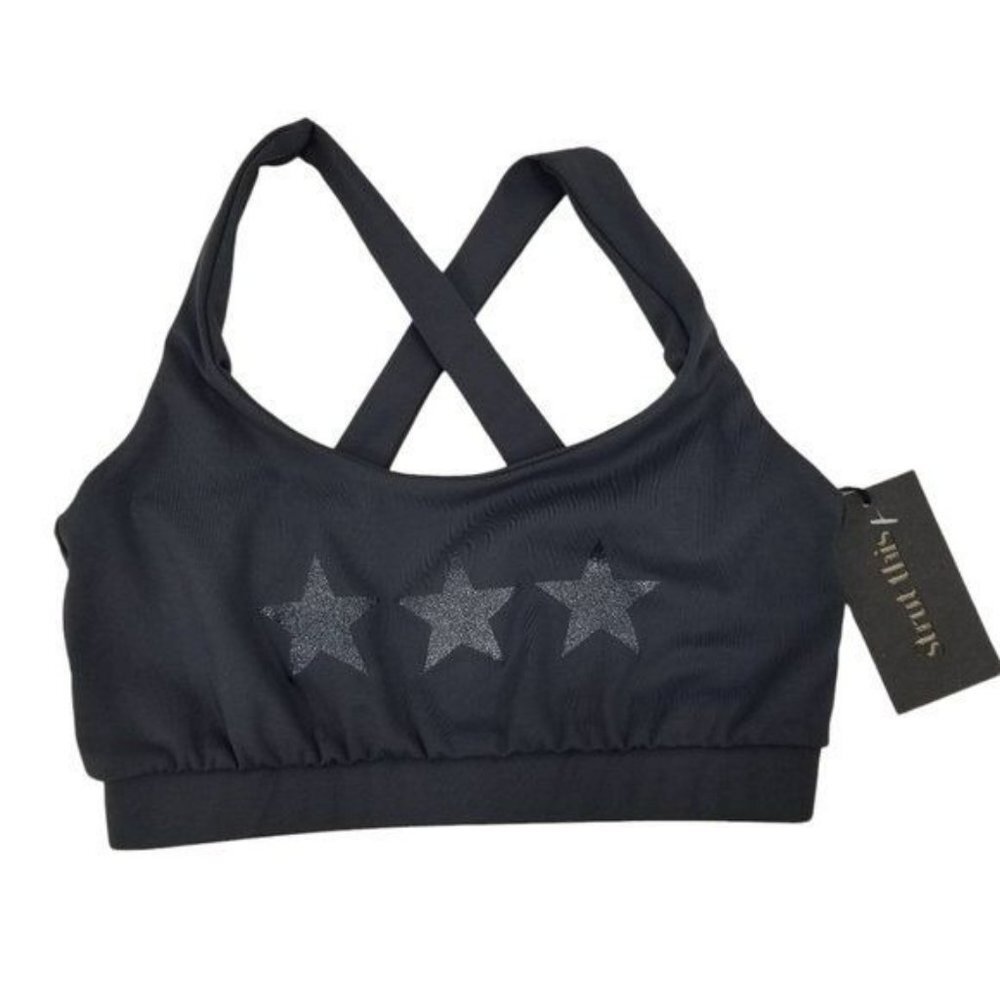 ❤️Strut This Size XS Grey Kinzie Racerback Sports Bra Gunmetal Glitter Stars